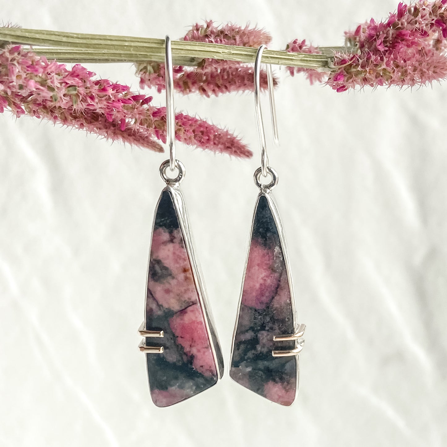 Smokey Rhodonite and Silver Asymmetric Dangle Earrings with 14 Karat Gold Prongs