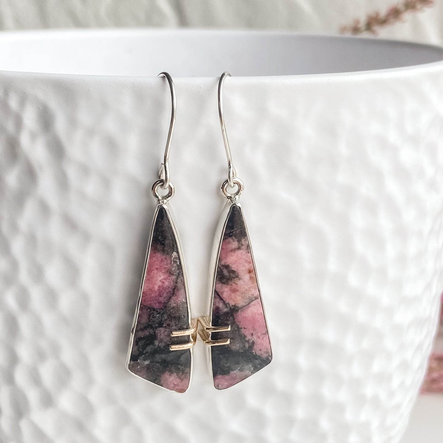 Smokey Rhodonite and Silver Asymmetric Dangle Earrings with 14 Karat Gold Prongs