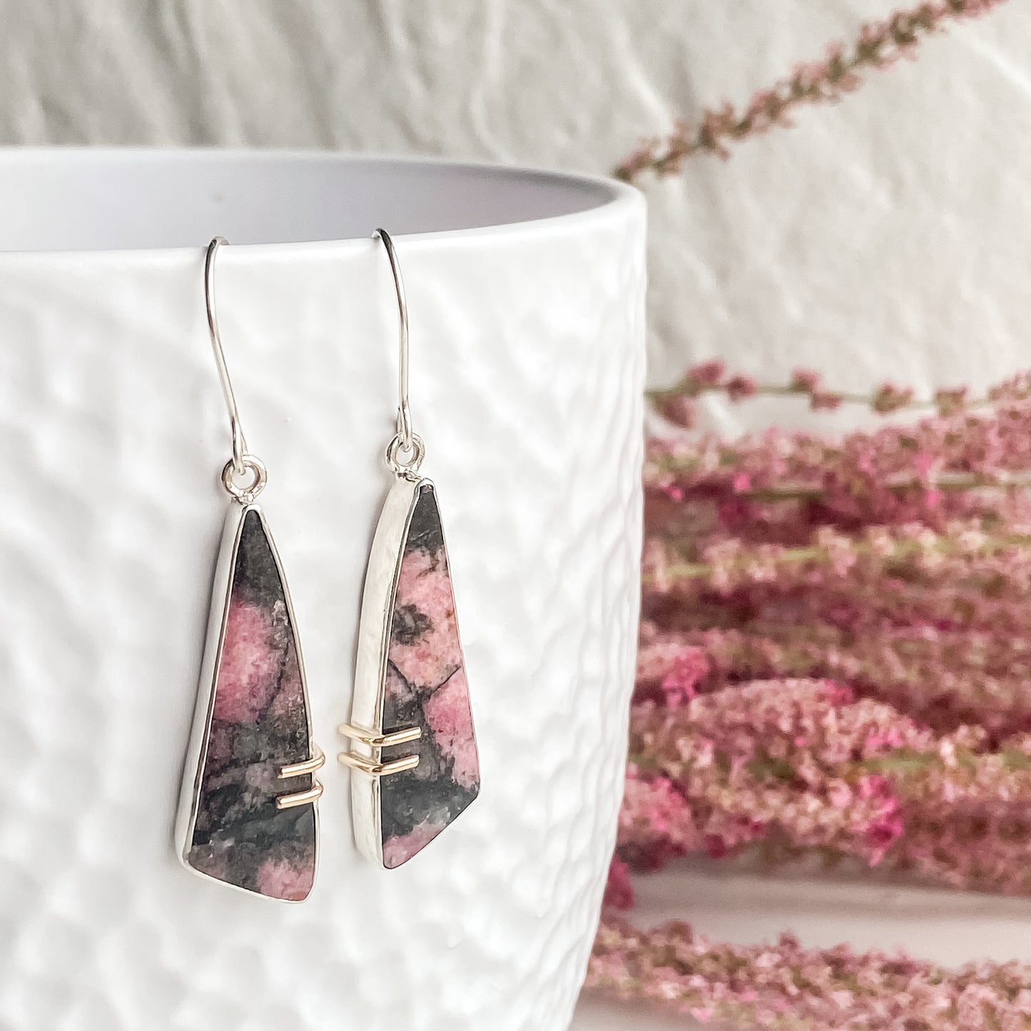 Smokey Rhodonite and Silver Asymmetric Dangle Earrings with 14 Karat Gold Prongs