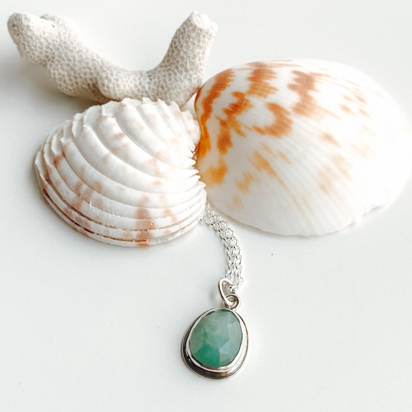 Aqua gandiderite gemstone pendant displayed on a white background with two sea shells and a piece of white coral.