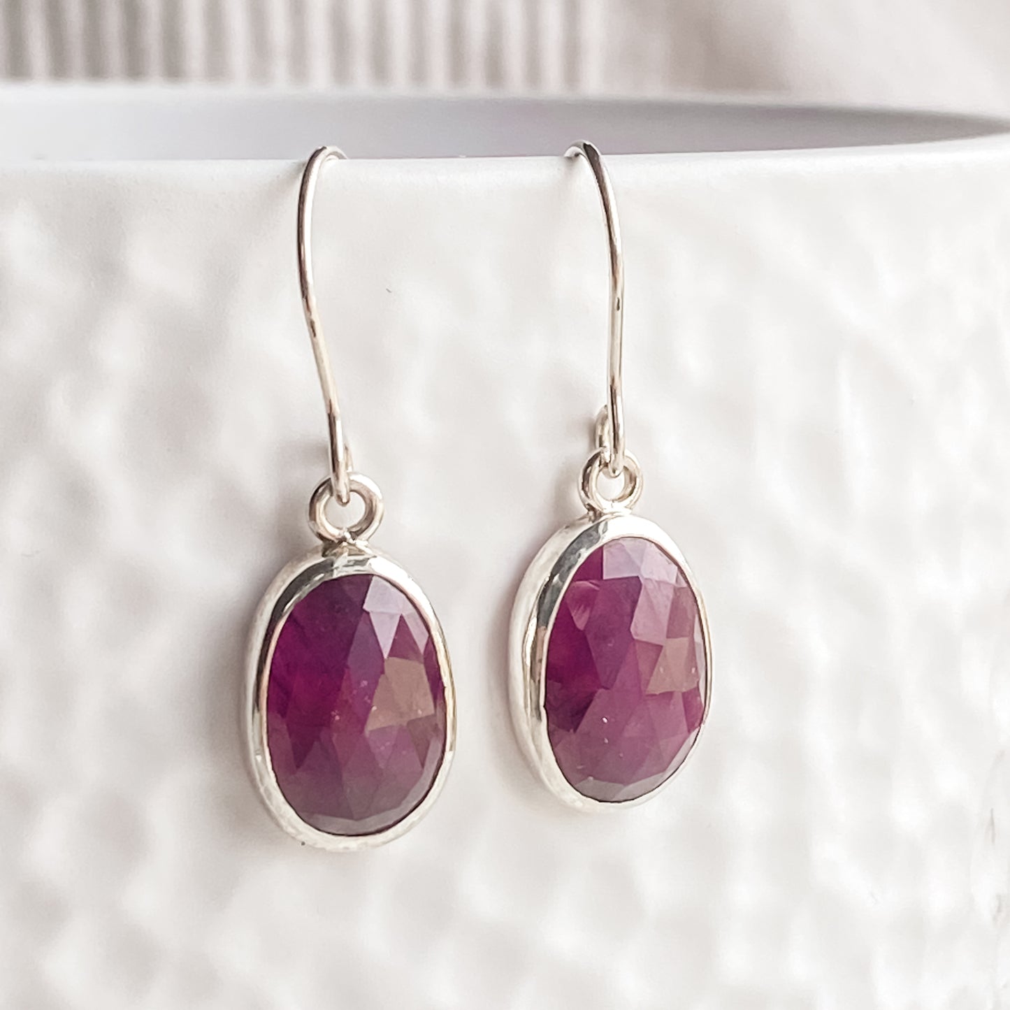 Rose-Cut Deep Pink Sapphire and Silver Drop Earrings