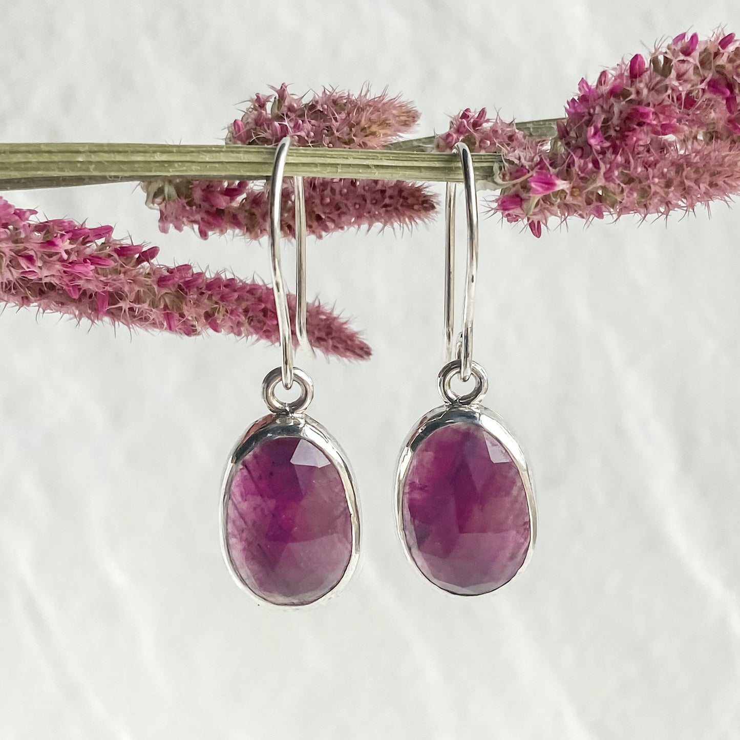 Rose-Cut Deep Pink Sapphire and Silver Drop Earrings