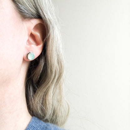 Aqua Chalcedony Gemstone Stud Earrings