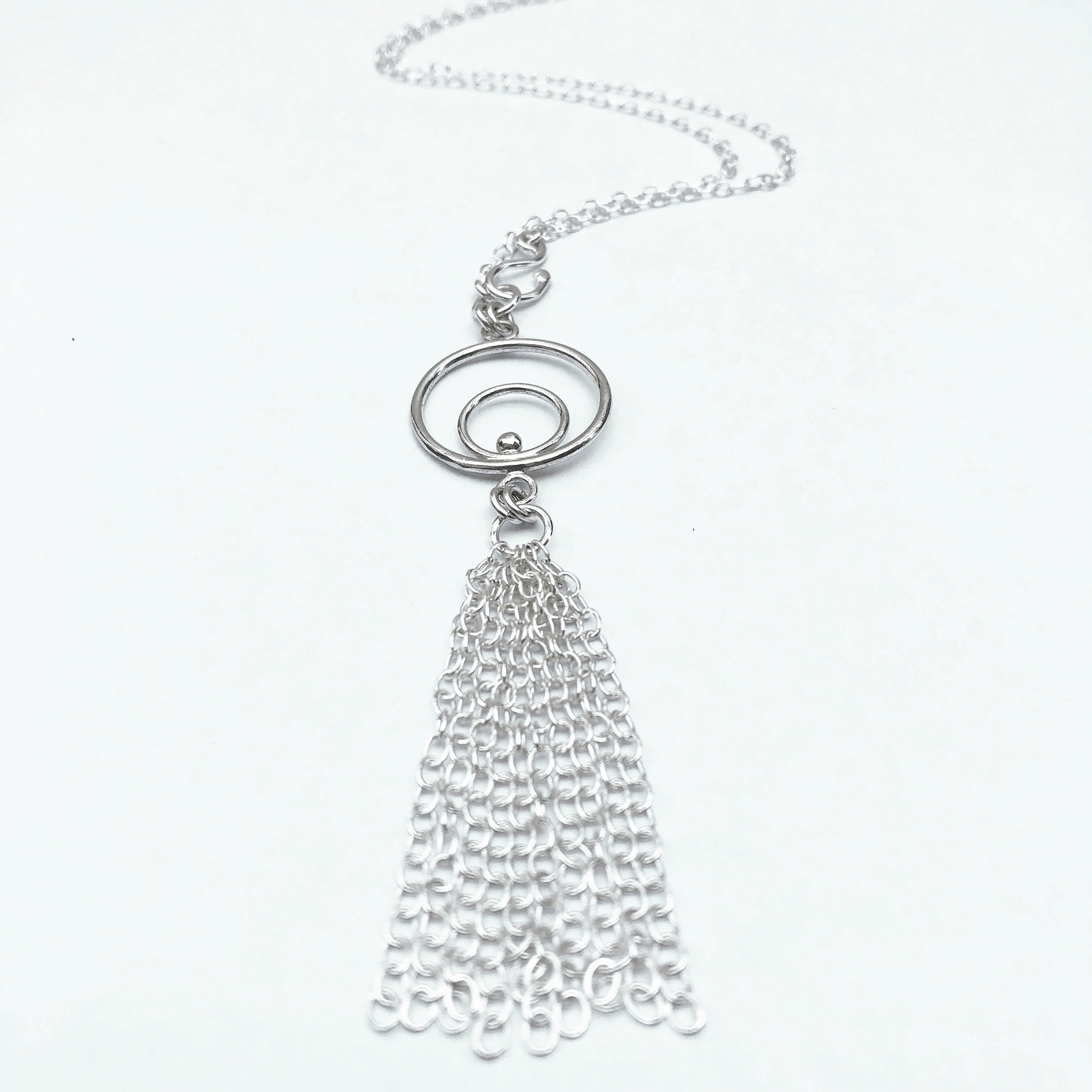 Sterling Silver Orbital Tassel Necklace, Silver Fringe Necklace