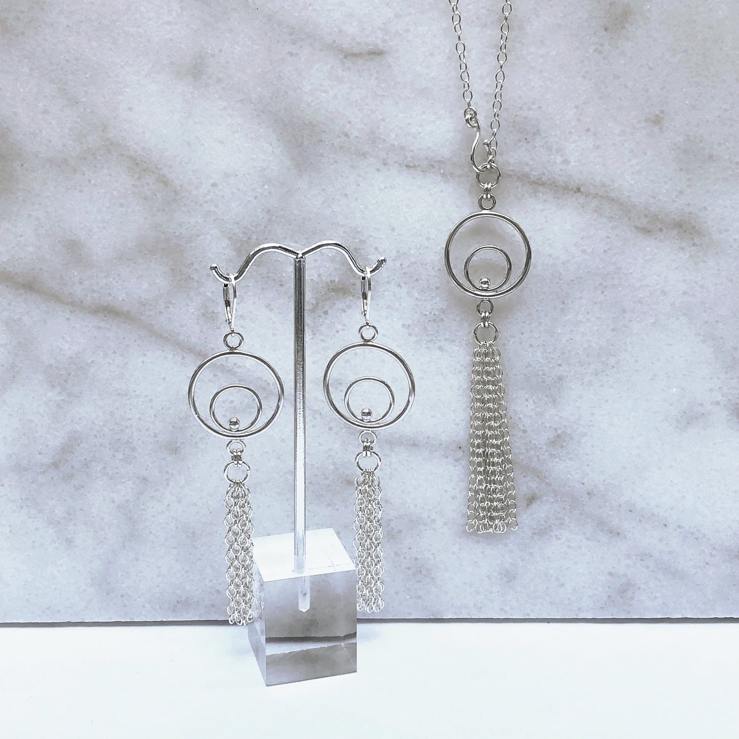 Orbital fringe earrings and matching necklace