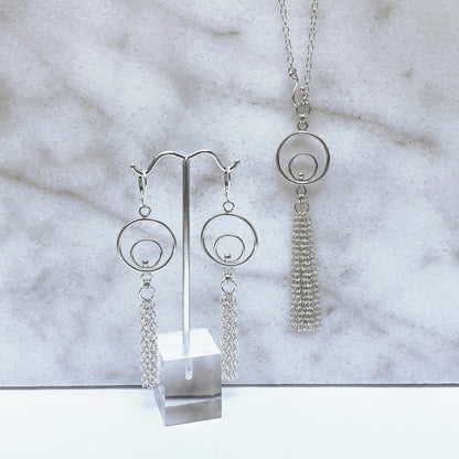 silver fringe necklace and matching earrings