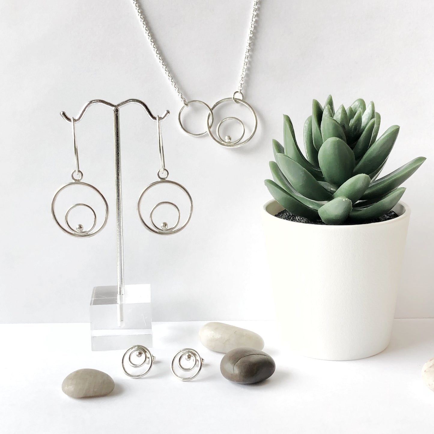 Silver double circle earrings with coordinating necklace