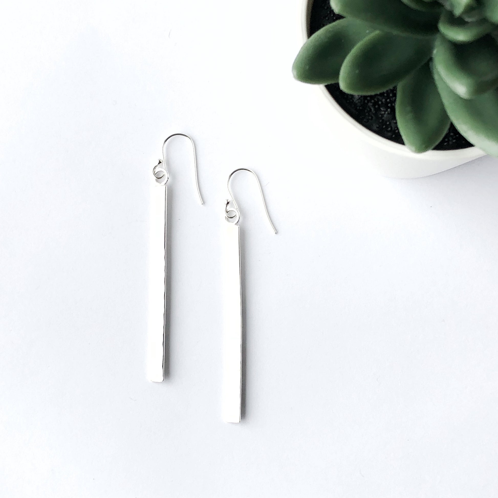 Long silver rectangle drop earrings